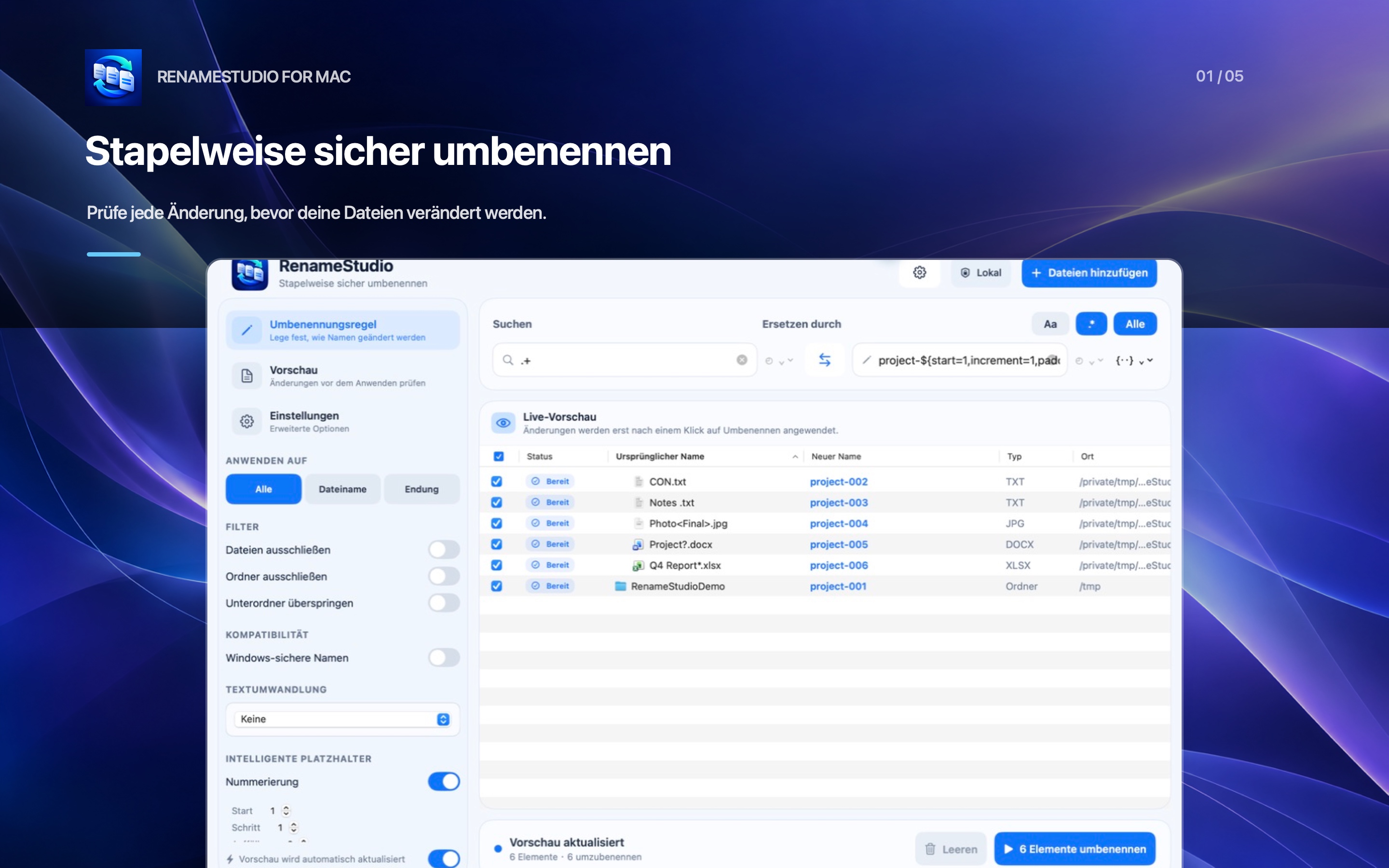 RenameStudio mit einer Live-Vorschau der alten und neuen Dateinamen