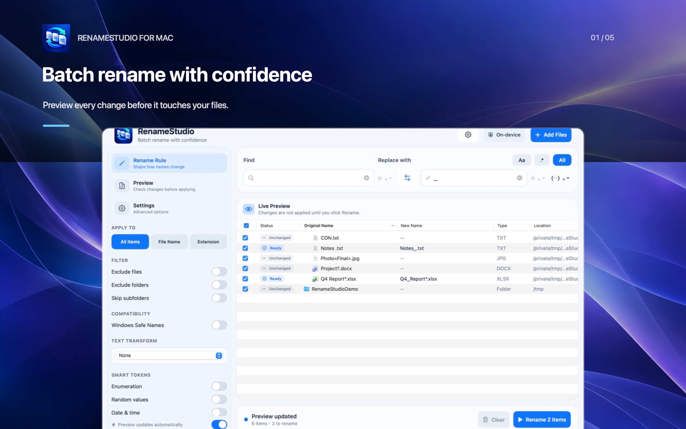 RenameStudio showing a live preview of original and new filenames