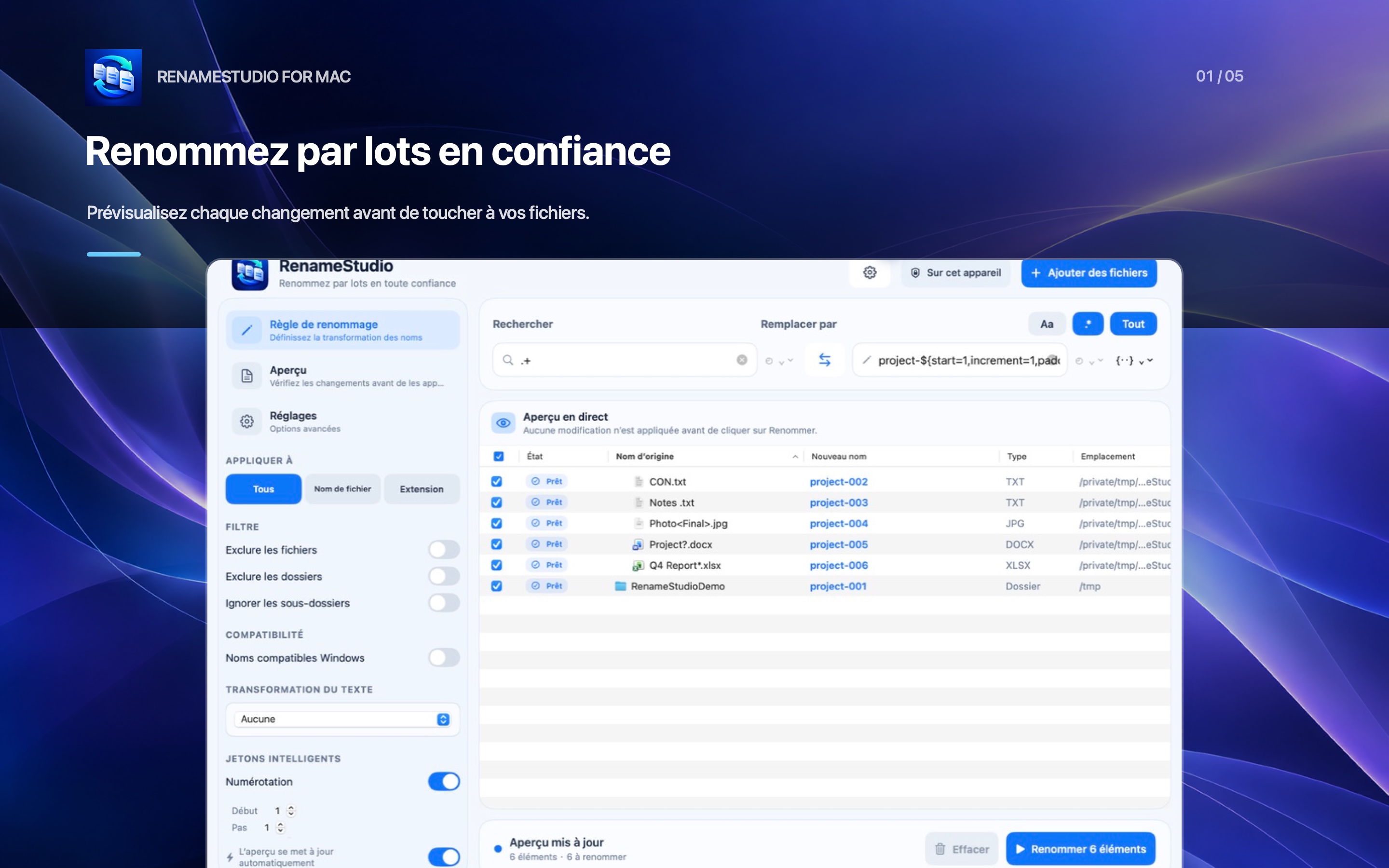 RenameStudio affichant un aperçu des noms d’origine et des nouveaux noms